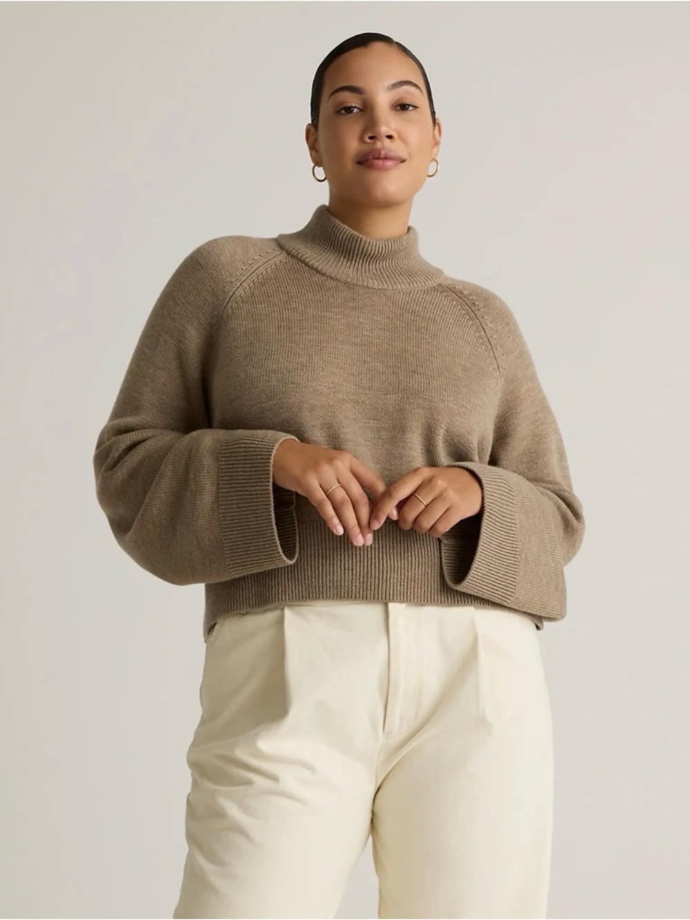 Quince Australian Merino Wool Cropped Mock Neck Sweater in Toffee Size Large